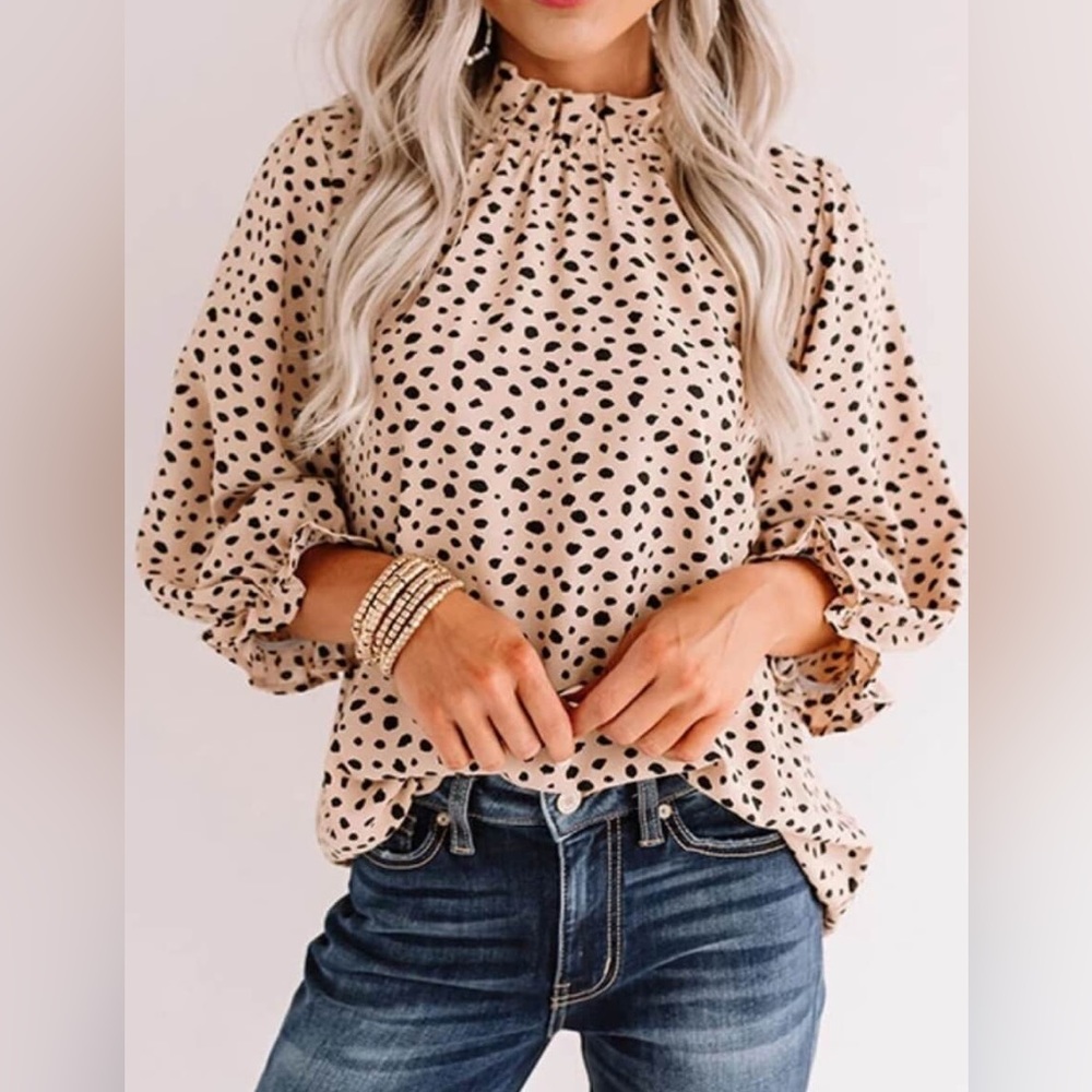 💋 Wines Red With Black Spotted Quarter Sleeves Ruffle Cuff’s Loose Fit Blouse